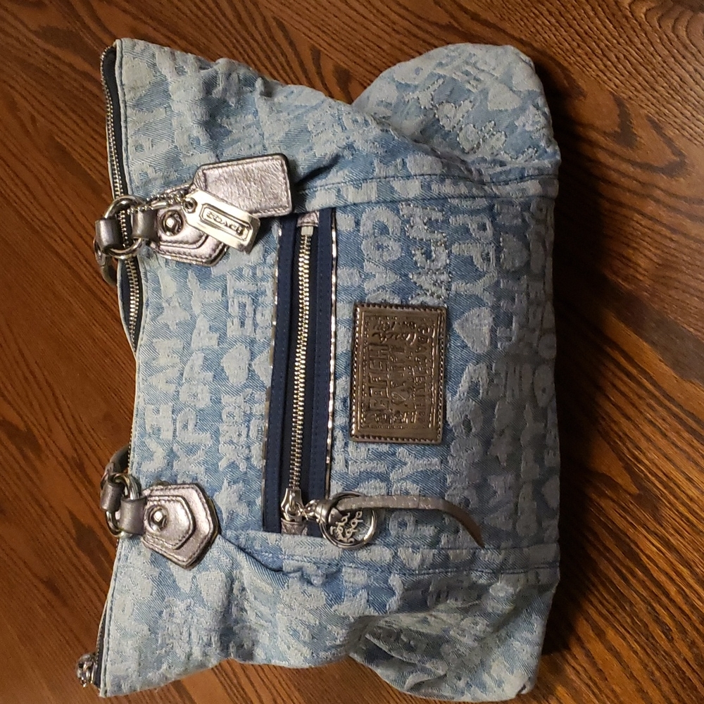 Coach poppy wordblock denim tote